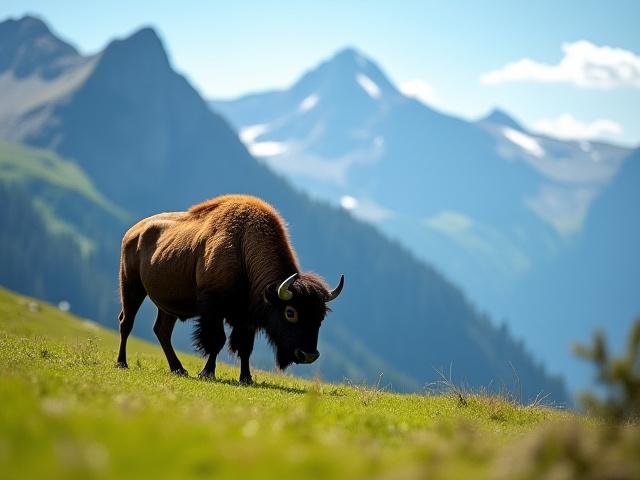 Wisent in den österreichischen Alpen, das majestätisch Gras am Berghang frisst, umgeben von grünen Wiesen und hohen Gipfeln.