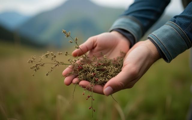 Einheimische Kräuter werden auf einer Alm gesammelt, symbolisiert lokale Beschaffung und Nachhaltigkeit.